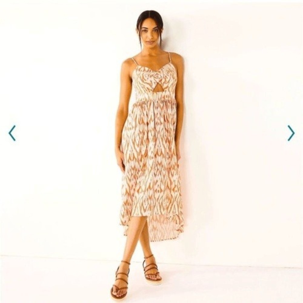 Nine West Dress Womens XL Orange Blue Ikat Print Cutout High Low Midi Summer